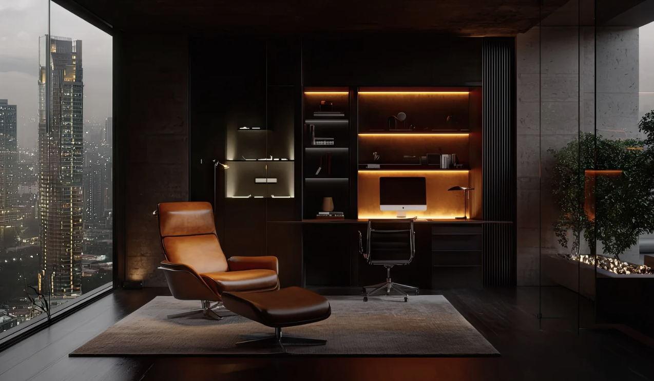 Modern executive office at dusk. Leather chair, warm-lit shelving, and city skyline view