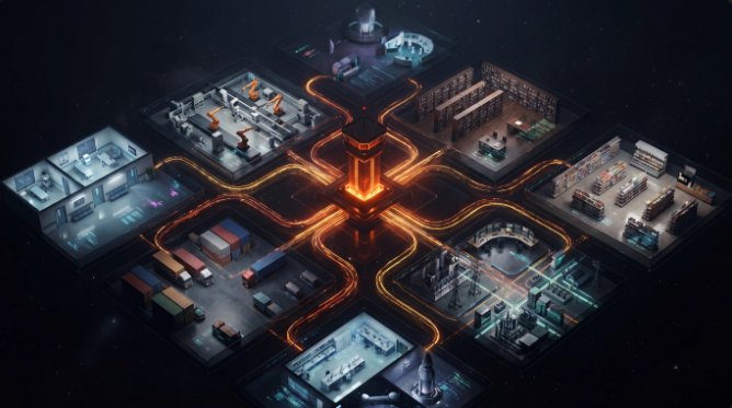 Isometric view of an agentic AI operating model across ten industry verticals, with glowing orange data pathways routing through a central hub.