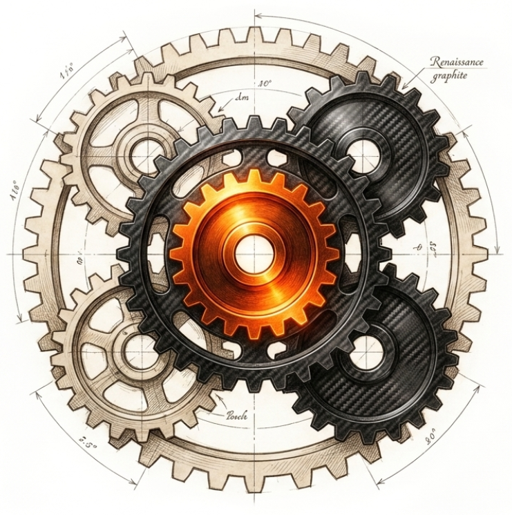 Precision-engineered gears transitioning from blueprint sketch to production components