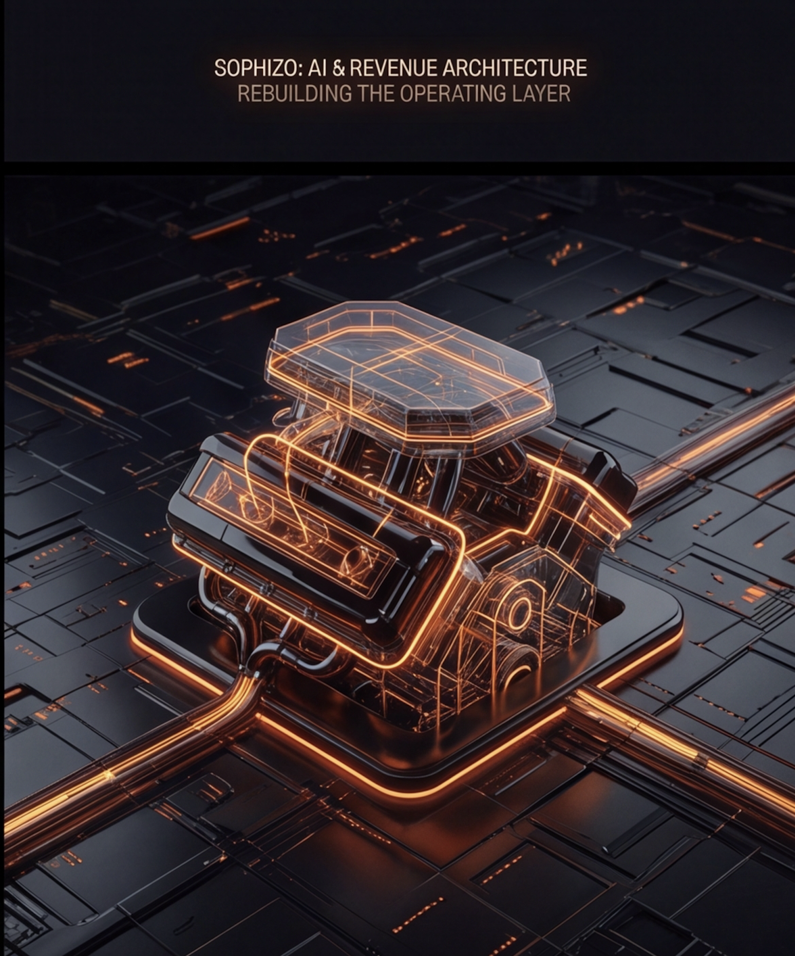 Glowing wireframe revenue engine on a dark circuit-board grid with orange data pathways, captioned Sophizo: AI and Revenue Architecture, rebuilding the operating layer