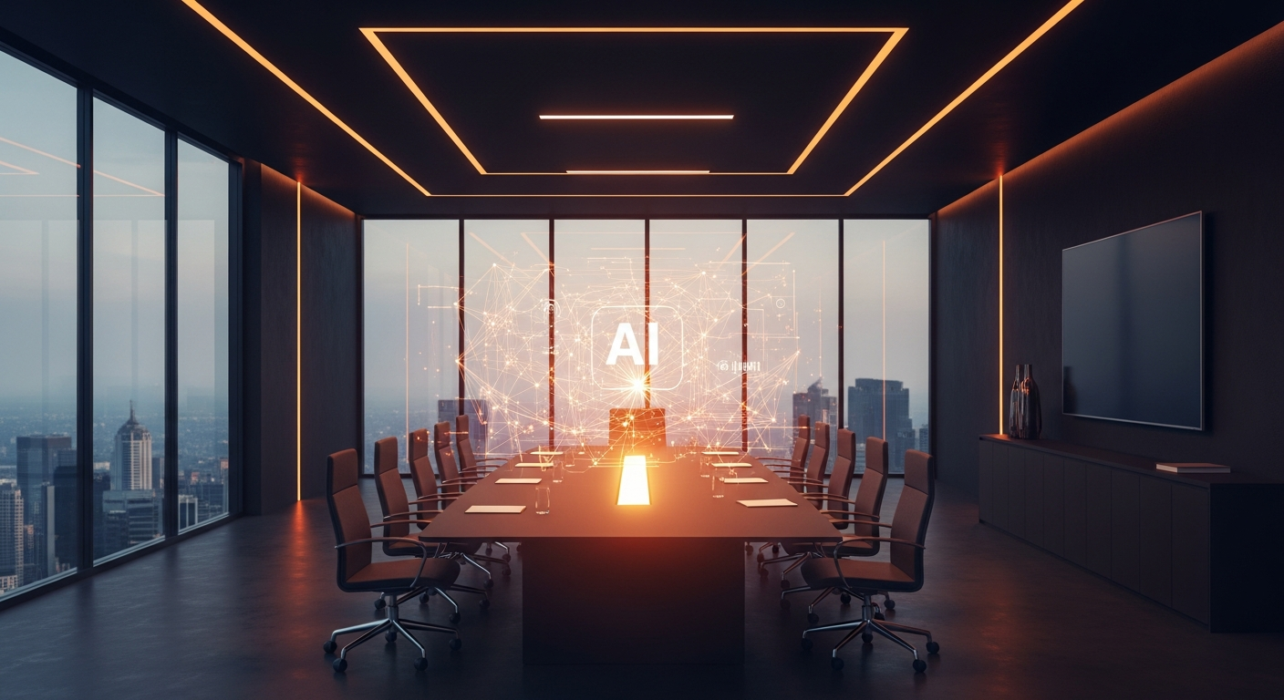 AI strategy boardroom with neural network hologram and orange lighting