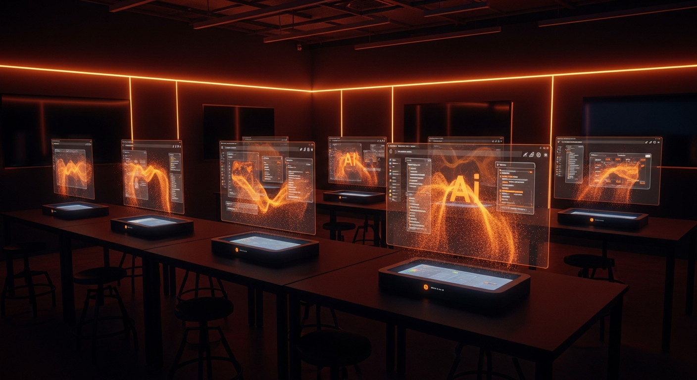 AI training lab with orange holographic workstations