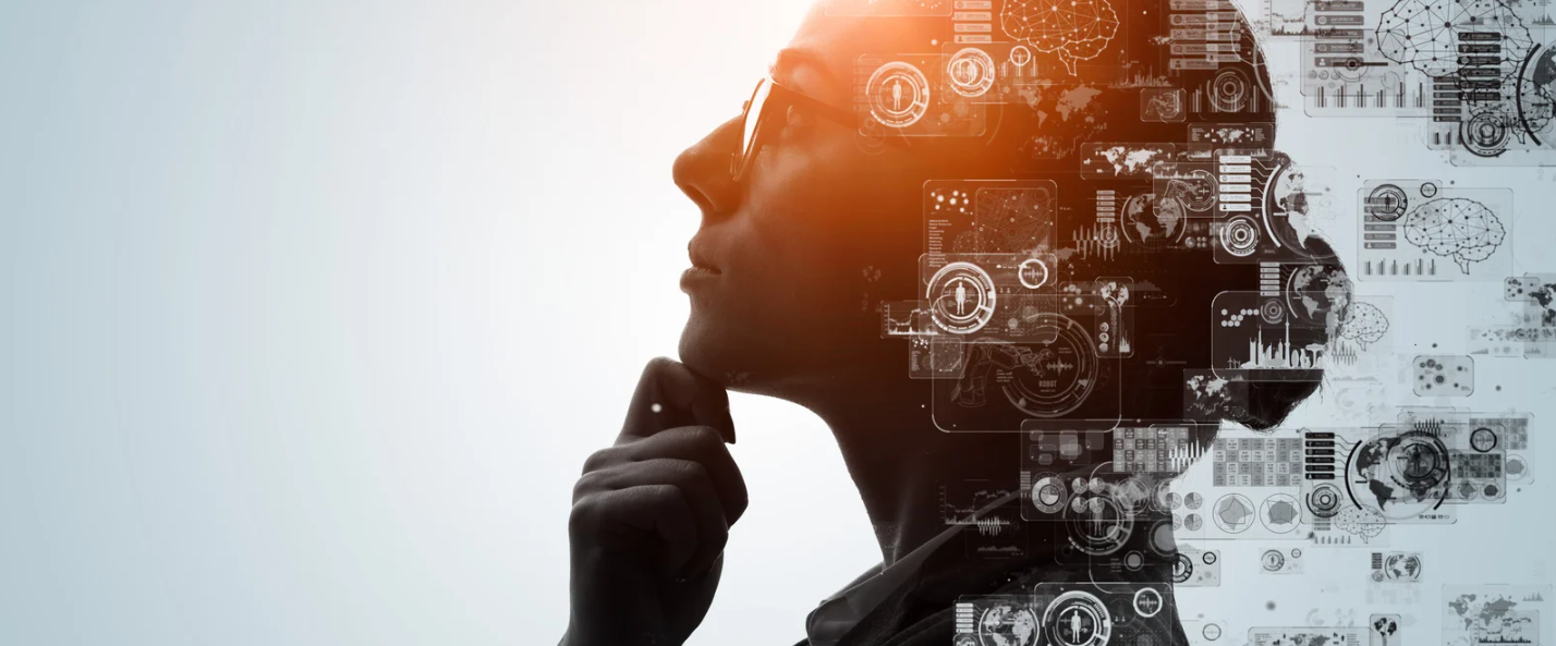 Side profile of a person merging into data dashboards, charts, and network graphics, representing human oversight of AI governance