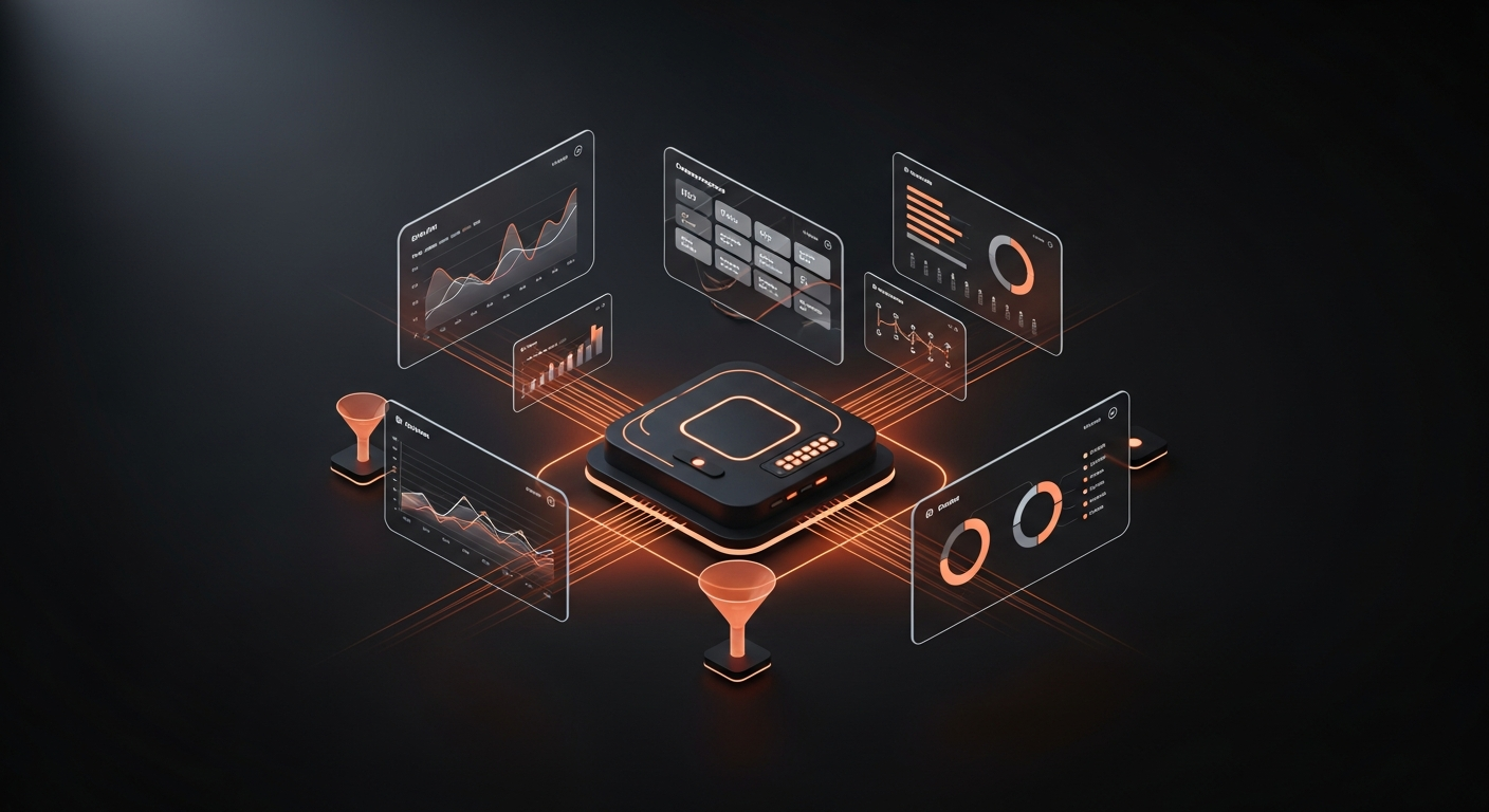 Isometric revenue intelligence architecture: a central command hub orbited by glowing dashboards and orange data pathways.