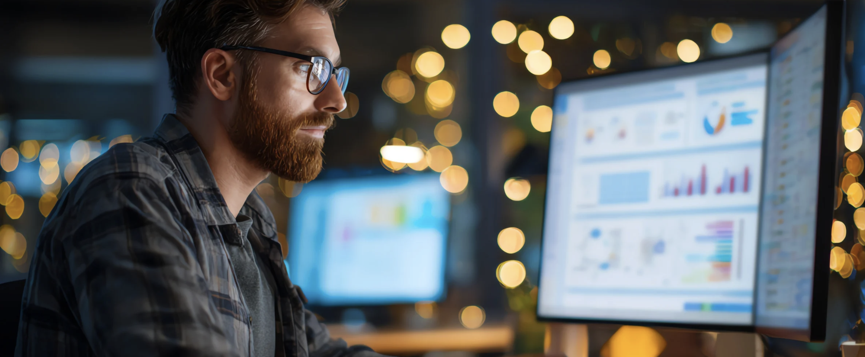Operator in glasses reviewing AI governance dashboards on a large monitor in a warmly lit office
