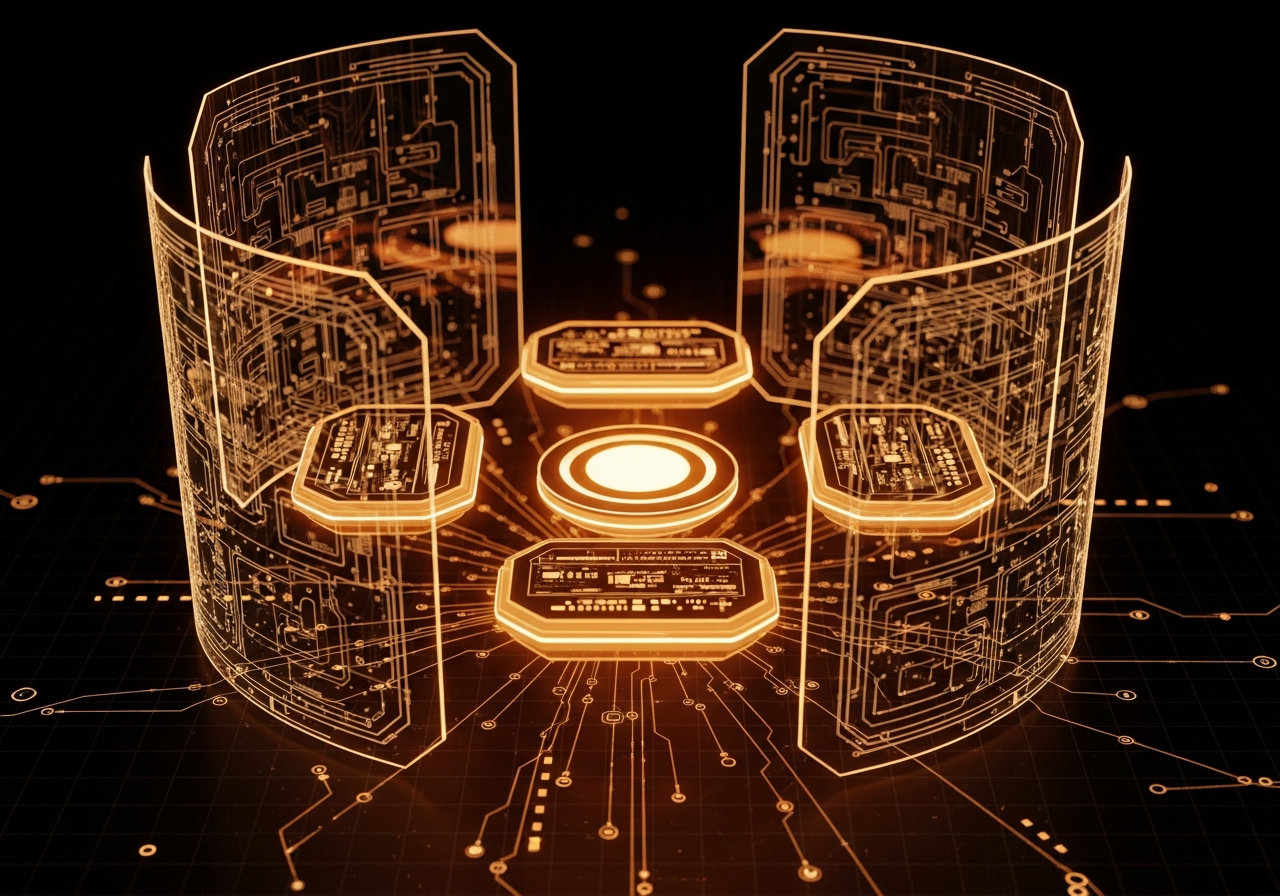 Layered AI governance command center with orange and gold compliance shields