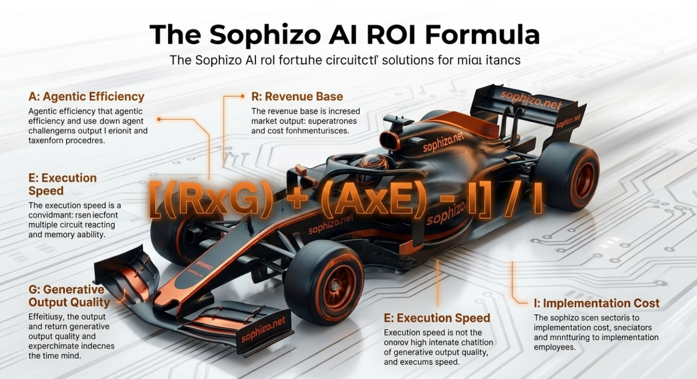 The Sophizo AI ROI Formula. F1 car with formula variables: Revenue Base, Agentic Efficiency, Generative Output Quality, Execution Speed, Implementation Cost
