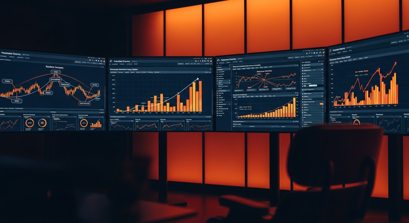 Private equity command center with orange dashboard displays