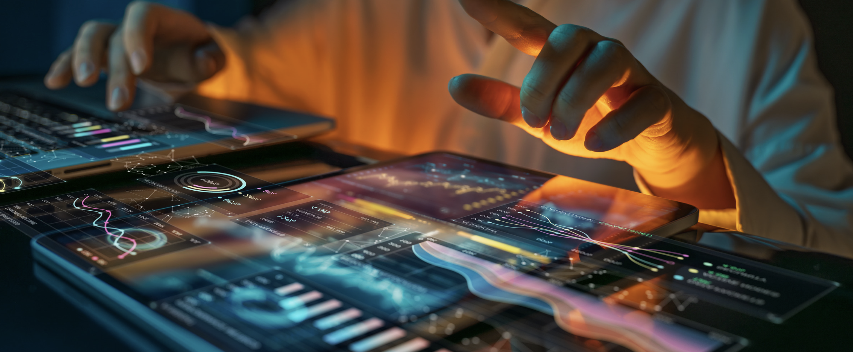 Revenue operator working across glowing analytics dashboards on multiple screens