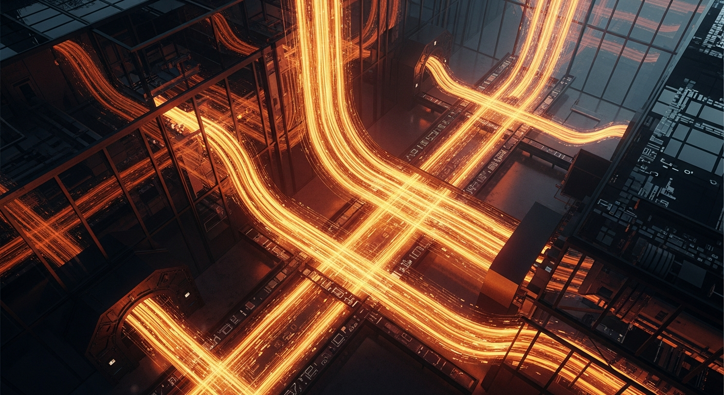 Revenue data pipeline with flowing orange energy streams