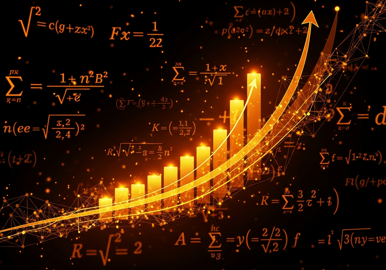 AI ROI visualization with ascending growth curves and orange data networks
