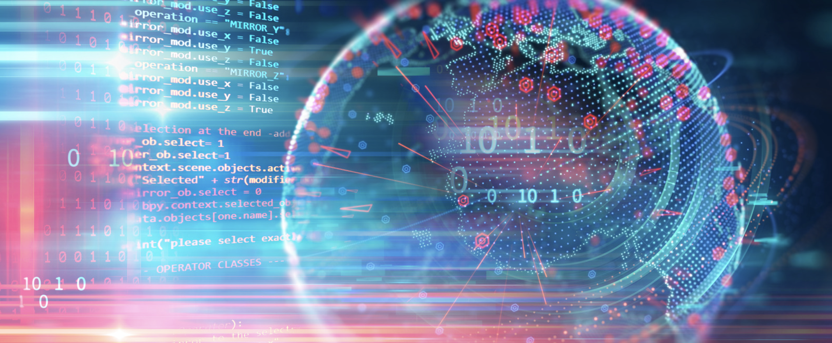 Technology and Software: a glowing digital globe of data points surrounded by streams of code and binary in blue and red light