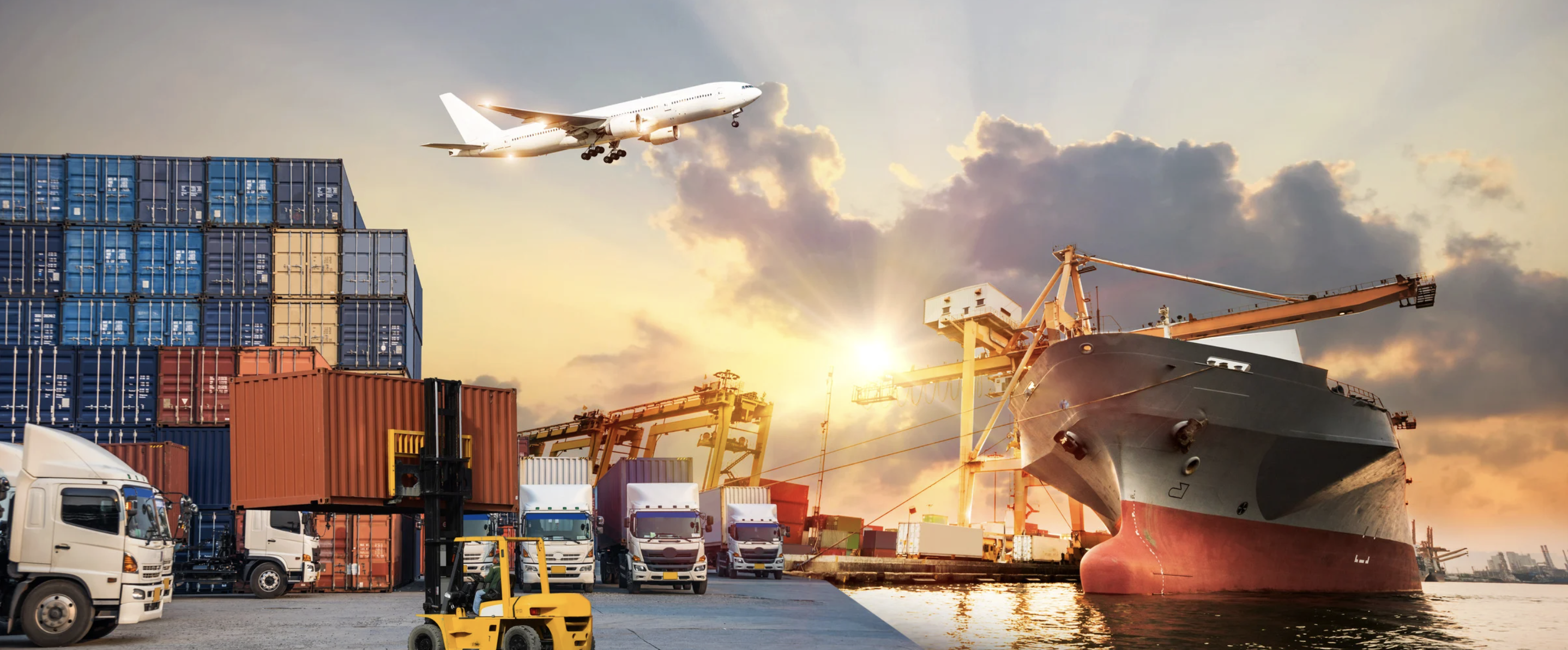 Transportation and Logistics: a cargo port at sunset with container stacks, trucks, a forklift, a container ship, and a plane taking off overhead