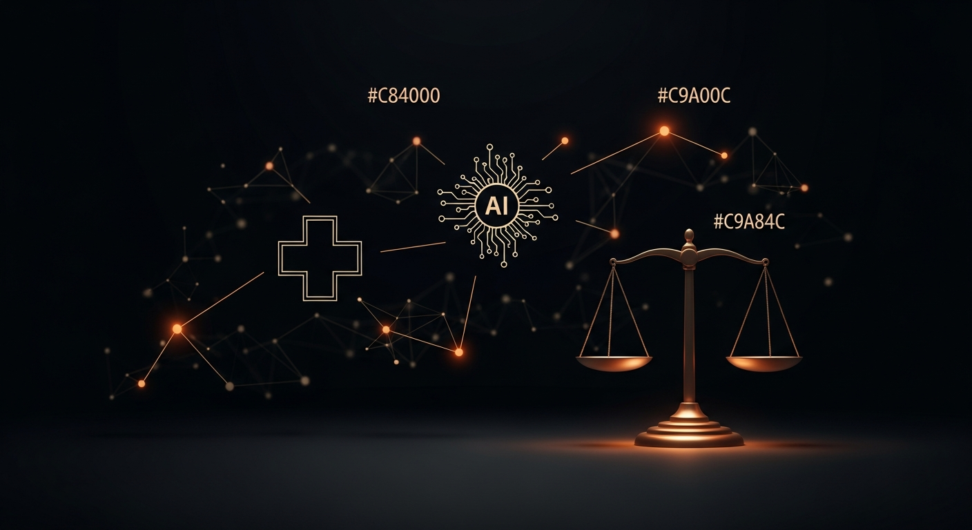 Healthcare AI governance and liability, abstract network connecting a hospital cross, an AI circuit, and a balanced scale